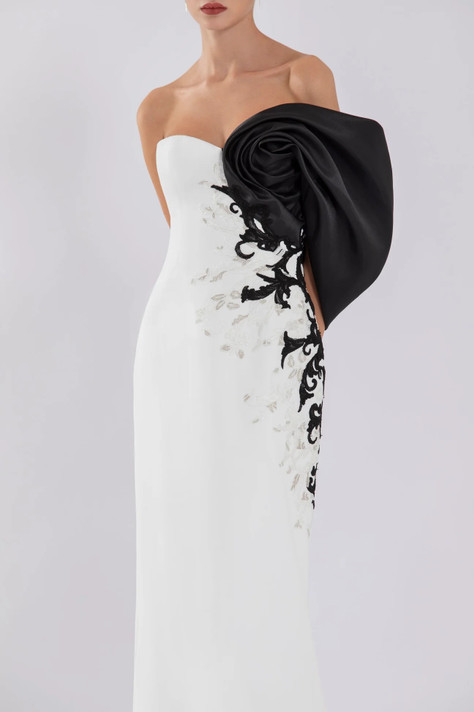 Crepe Gown with Mikado One Sided, Off-Shoulder Sleeve