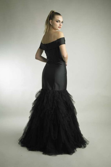 Off Shoulder Tulle Flounced Gown