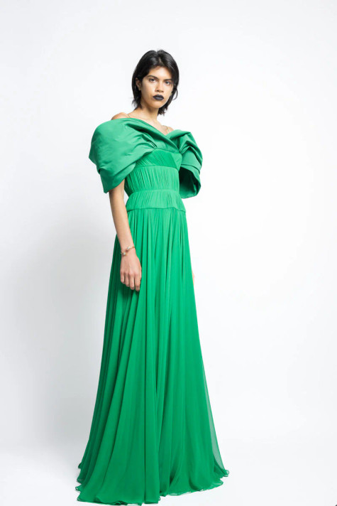 Silk Pleated Chiffon Gown with Petal Faille Drape
