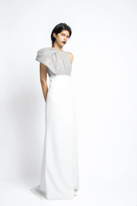 Nailhead Hand Embroidered Sequin and Crepe Gown