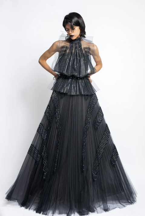 Pleated Gown with Blouson Top