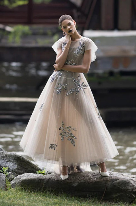 Embroidered Tulle Gown with Pleated Train