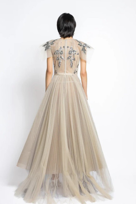 Embroidered Tulle Gown with Pleated Train