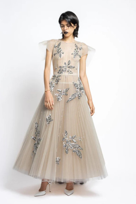 Embroidered Tulle Gown with Pleated Train