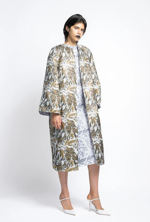 Hand-Embroidered Shift Dress with Reversible Coat