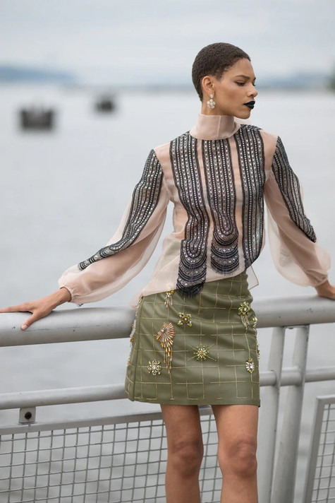 Organza Blouse with Vegan Leather Skirt
