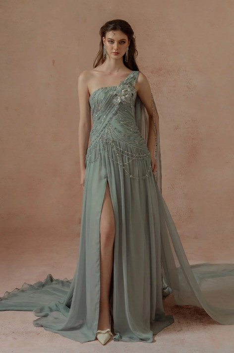 Embellished One-Shoulder Slit Gown
