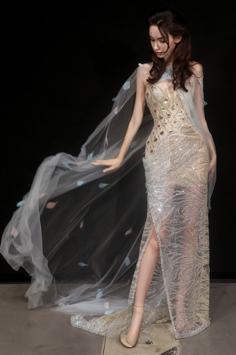 Strapless Slit Gown with Cape