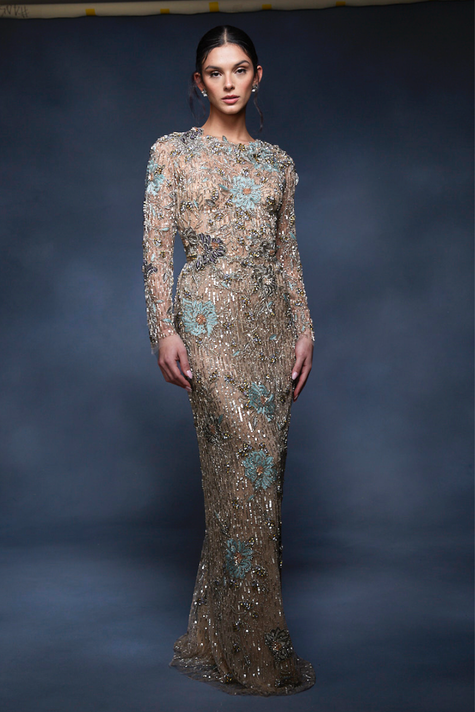 Sequin Threadwork Embroidered Gown