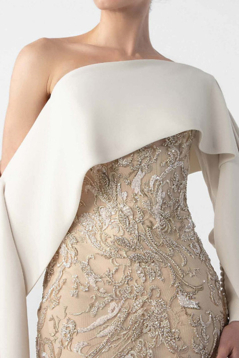 Draped Sleeve Embroidered Gown