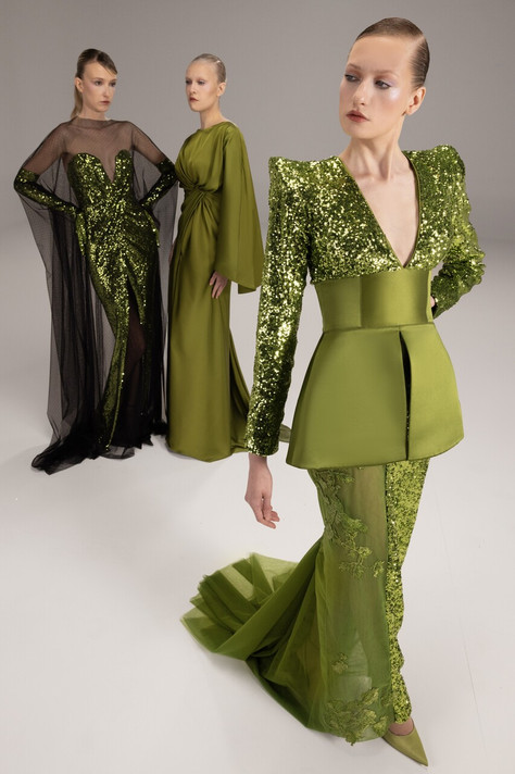 Sequin-Tulle Cape Gown