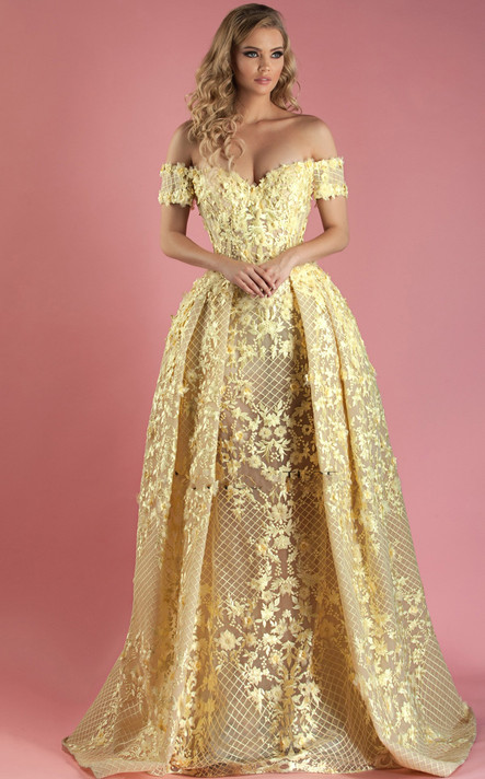 MNM Couture Off the Shoulder Yellow Floral Evening Gown K3496