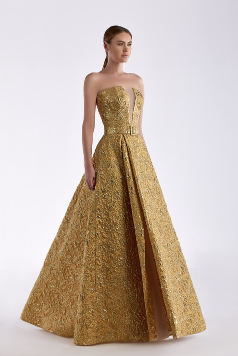 Strapless Jacquard Gown with Bolero