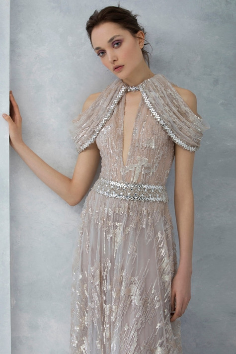 Embroidered Tulle Draped Shoulder Gown