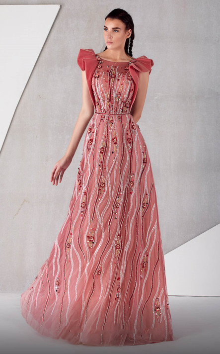 Ruffled Sleeve Embellished A-Line Gown