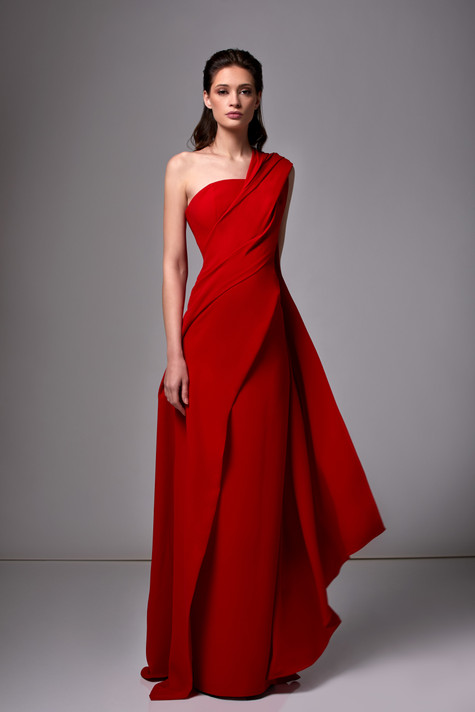 Draped One Shoulder Crepe Gown