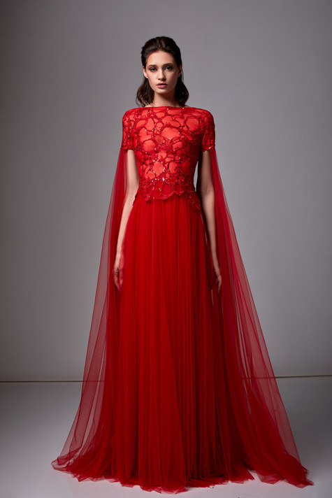 Cape Sleeve Tulle Gown