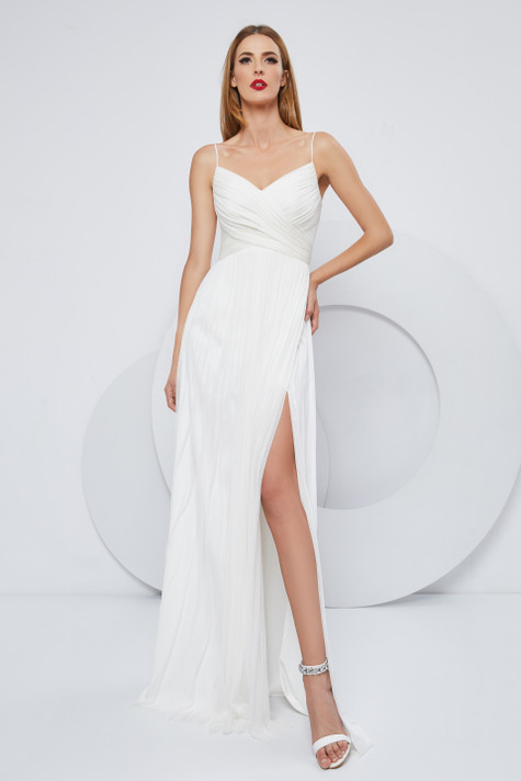 Spaghetti Strap Ruched Slit Gown