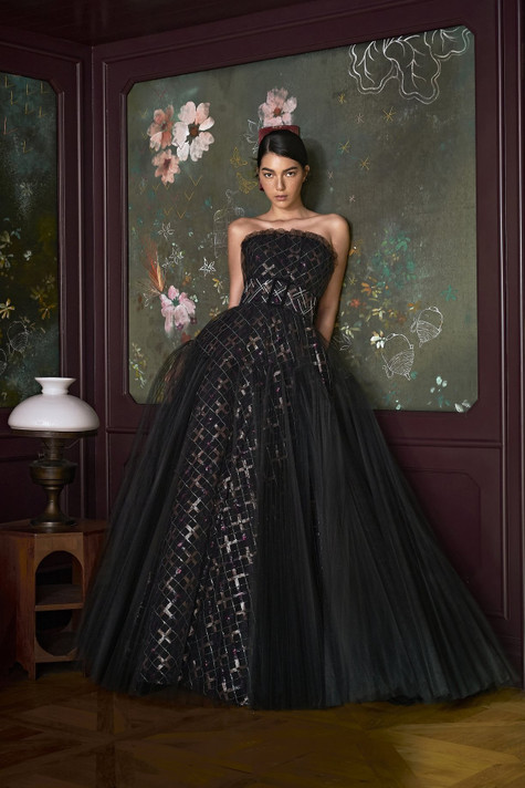 Josephine Strapless Sequined Plaid Tulle Gown