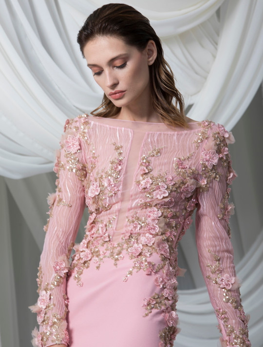 Long Sleeve Illusion Lace and Crêpe Marocain Dress