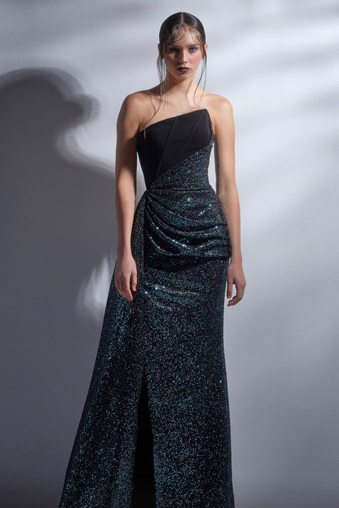 Embellished Strapless Slit Gown