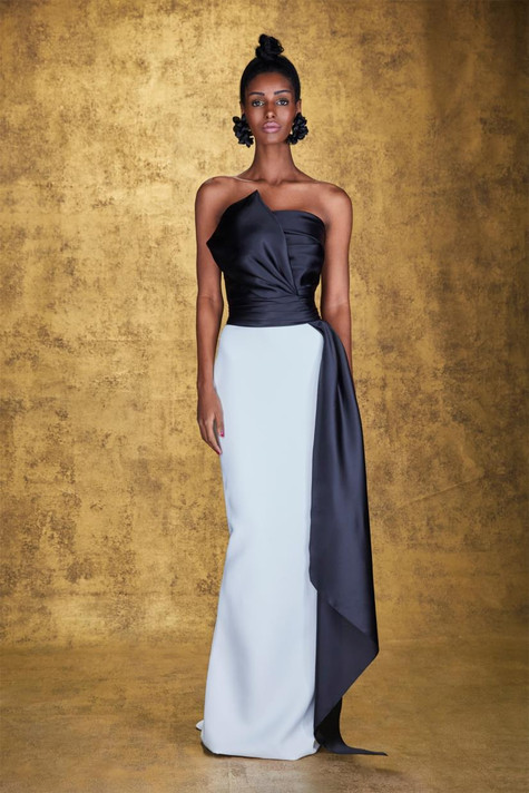 Strapless Color Block Bow-and-Tie Gown