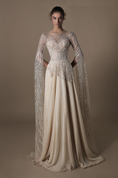Latino Long Cape Sleeve Embroidered Gown