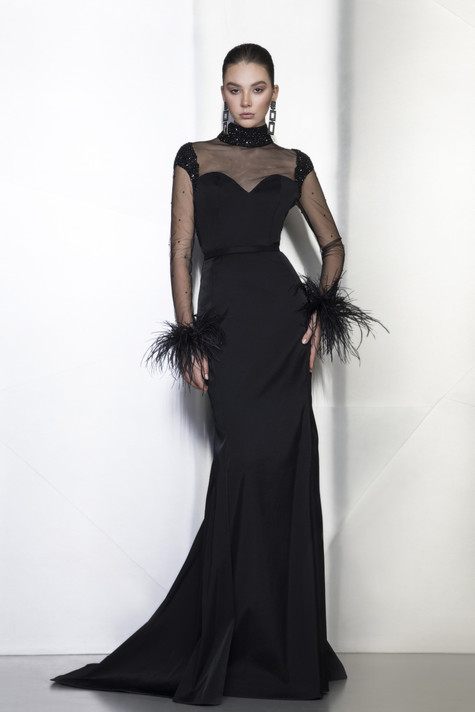 High Neck Long Illusion Sleeve Gown