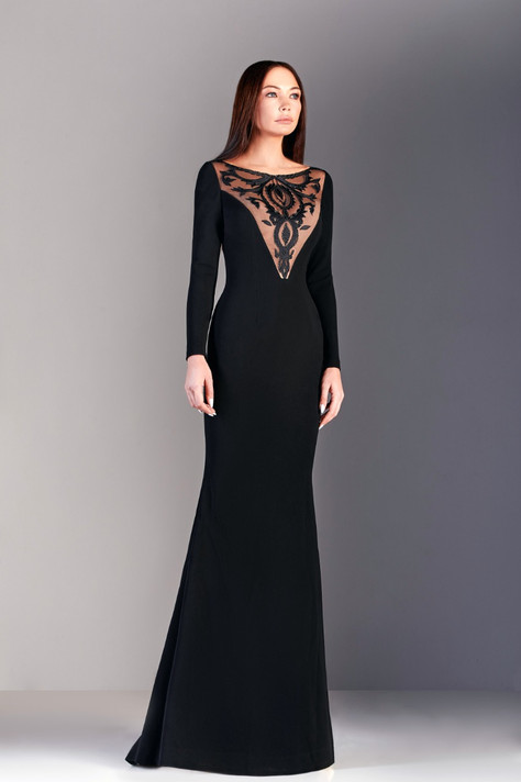 Beaded Crepe Long Sleeve Gown