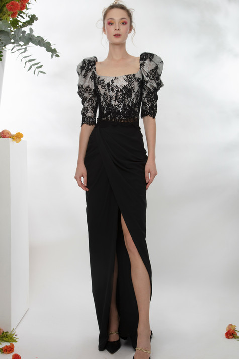 Lace Corset-Like Top and Draped Skirt