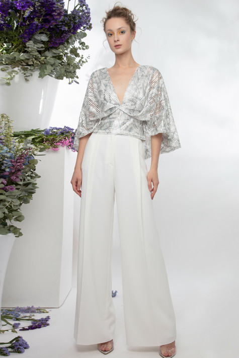 Back Cape-Like Top and Flared Pants