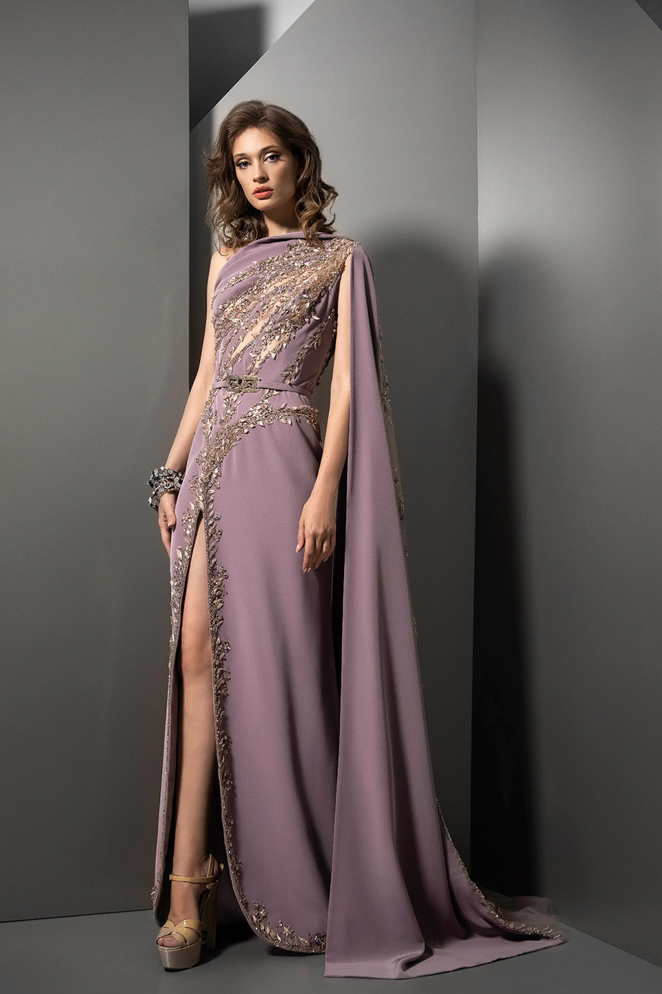 Ziad Nakad One Shoulder Draped Cape Sleeve Slit Gown - District 5 Boutique