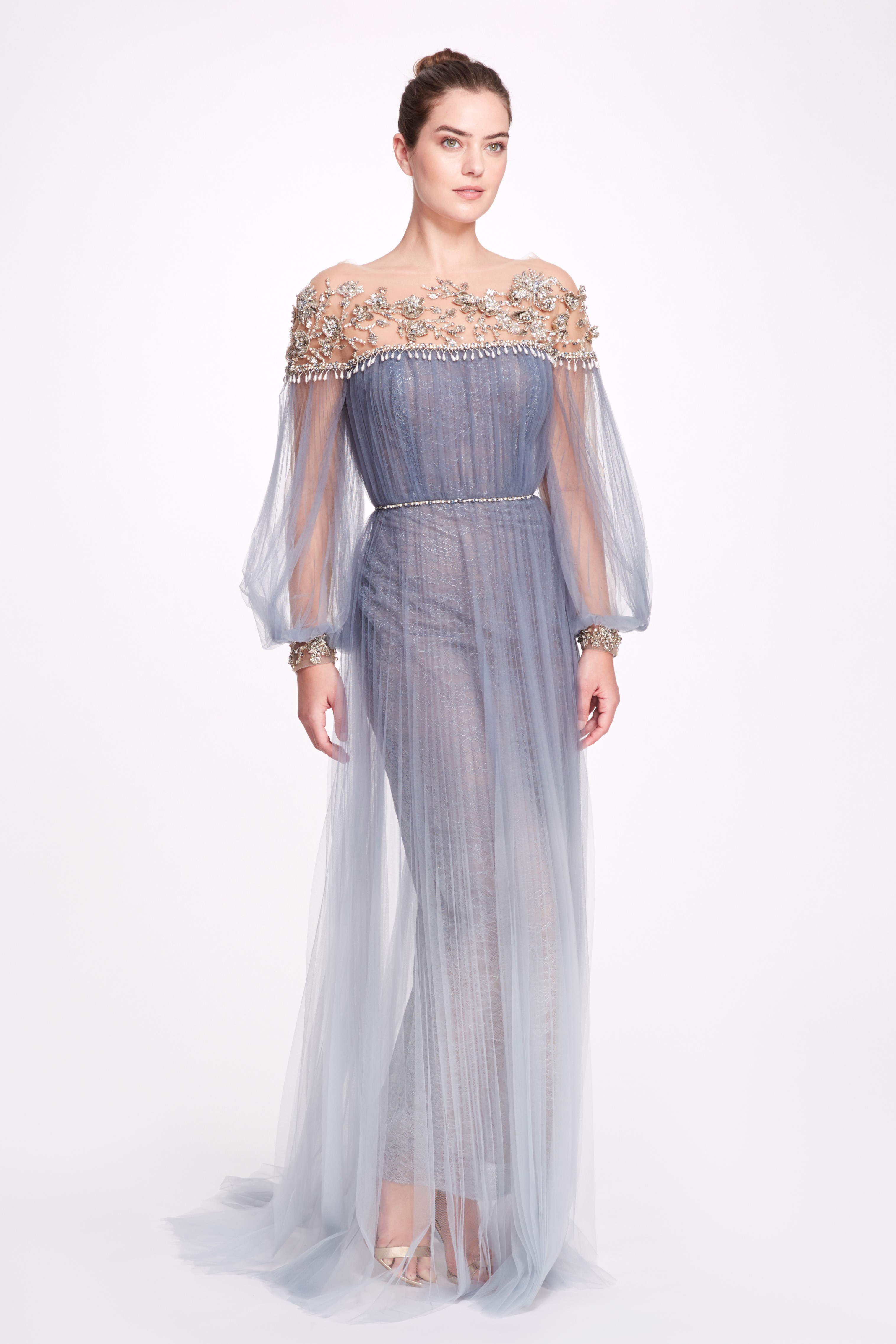 Marchesa Couture Embellished Sheer Illusion Neck Gown - District 5