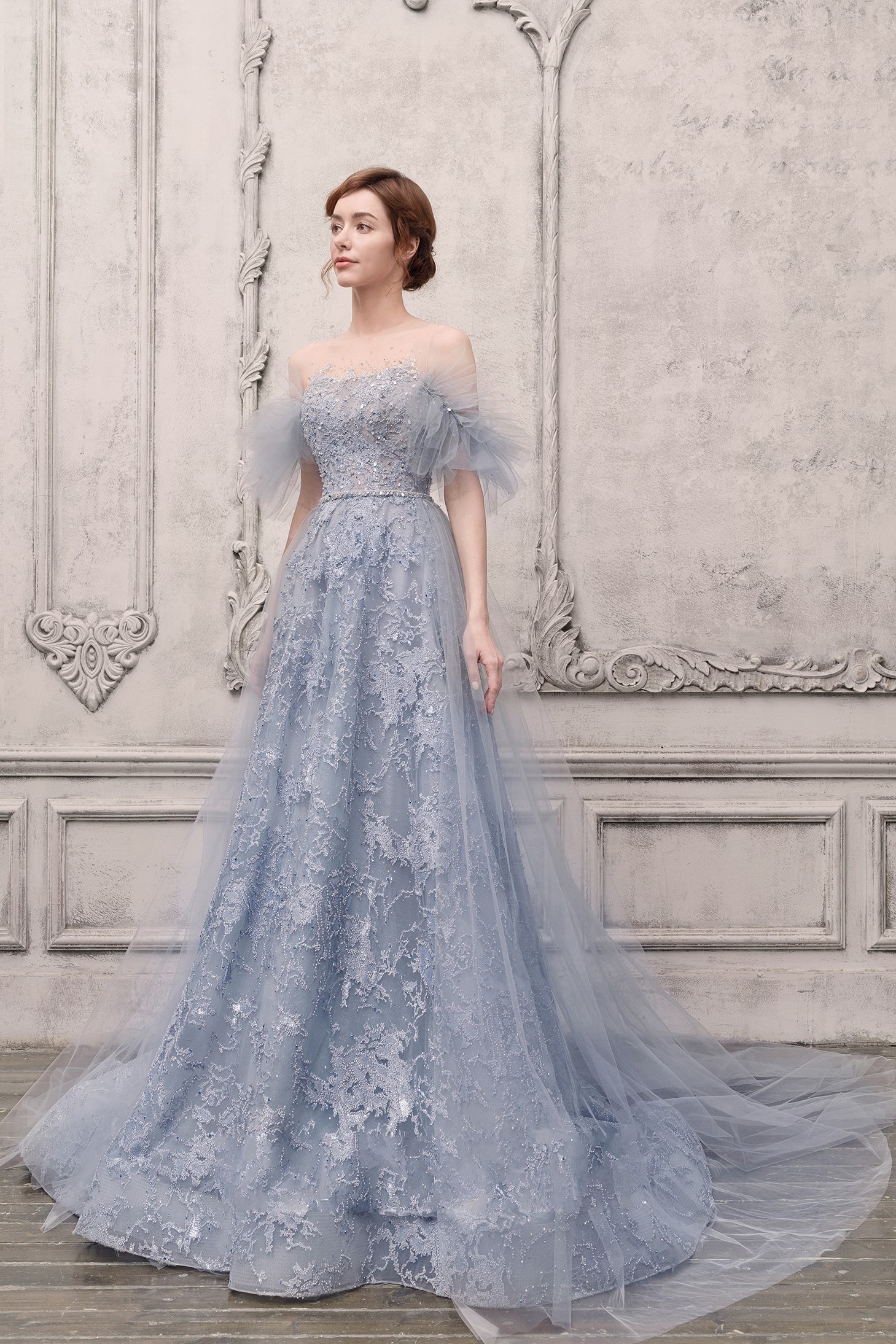 The Atelier Couture Off the Shoulder IllusionEmbellished Gown 