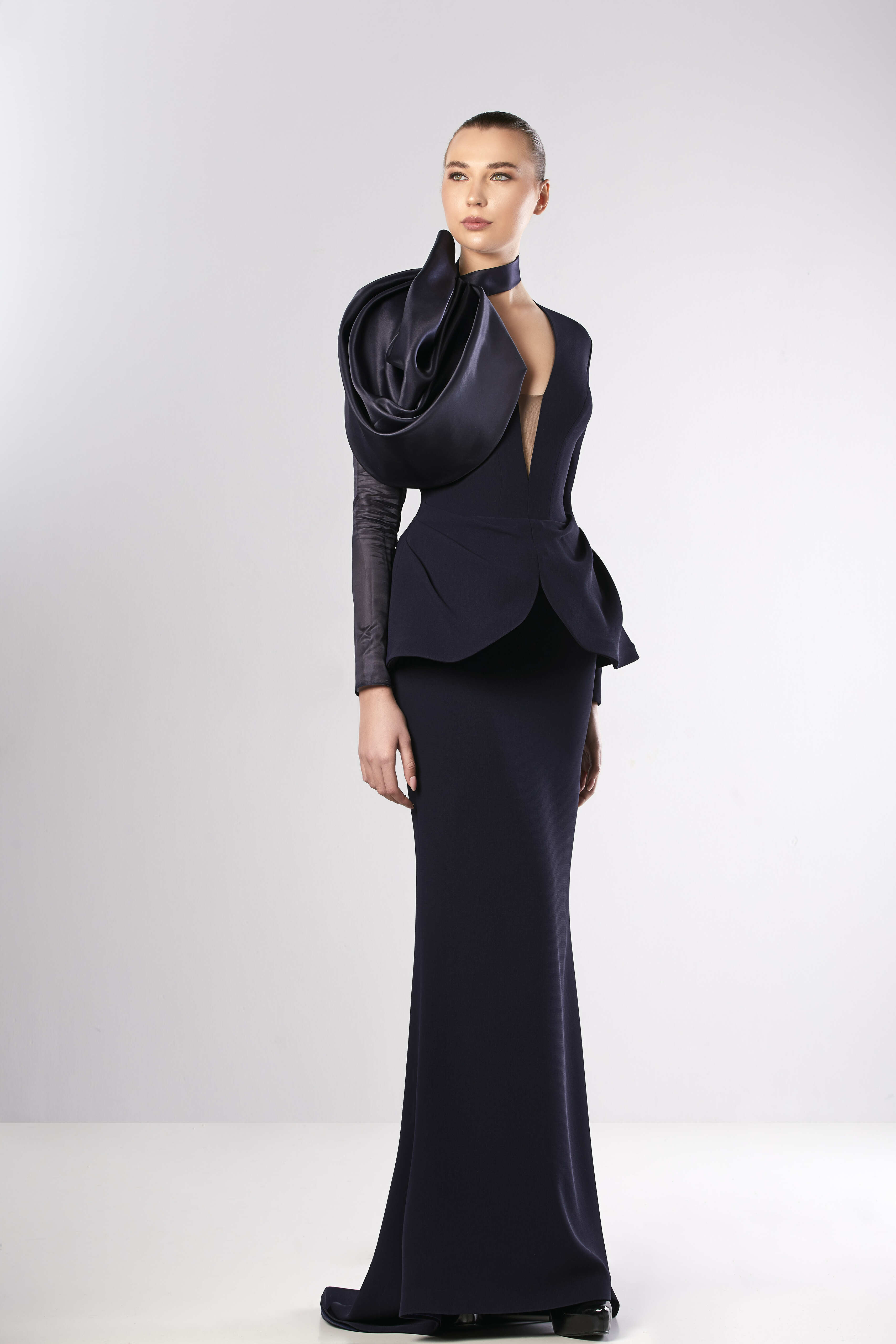 Peplum evening shop gown with sleeves