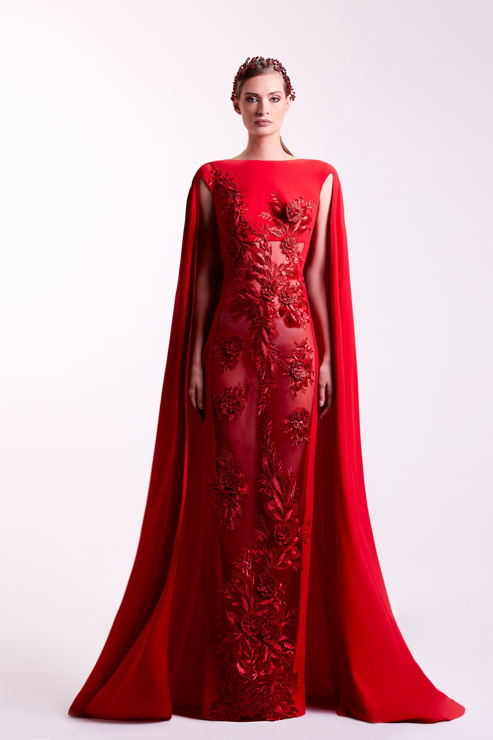 Edward Arsouni Crepe Red Cape Gown- District 5 Boutique