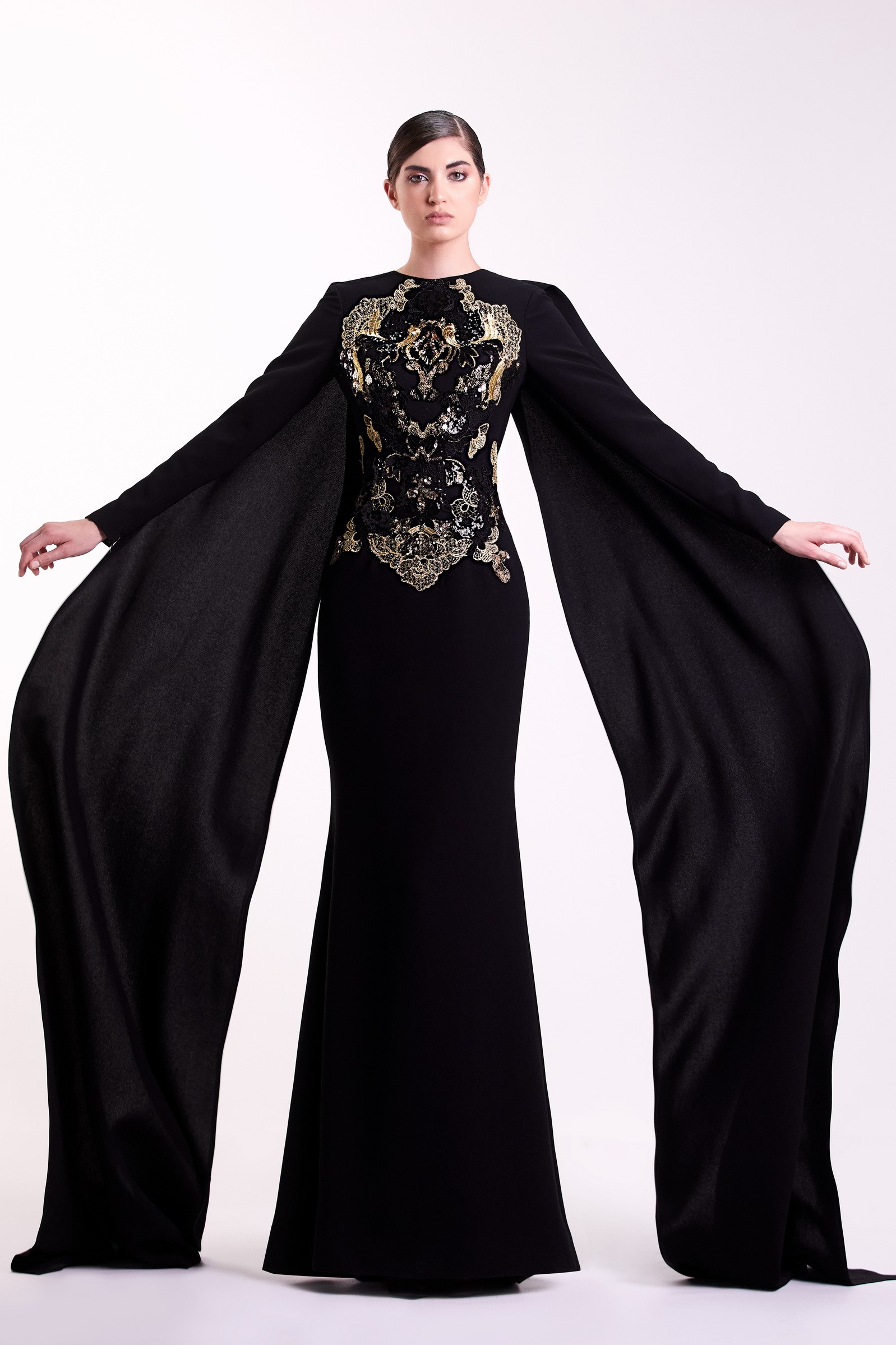 Long black sales cape dress