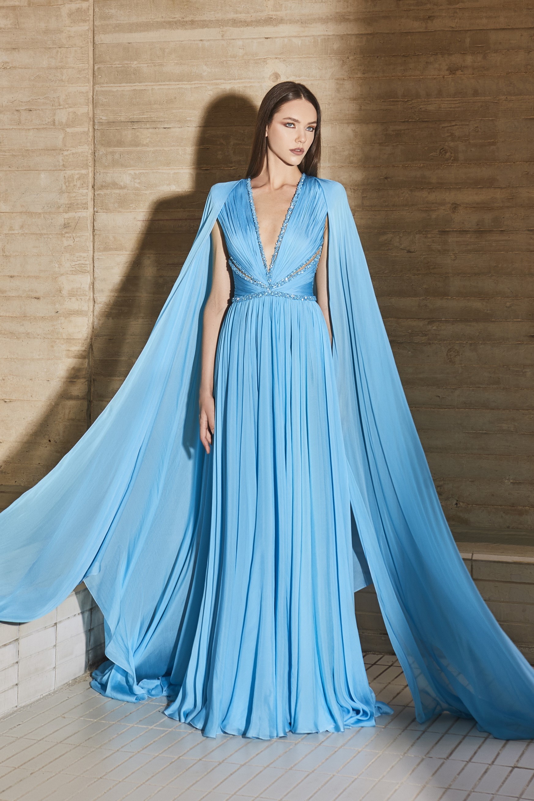 PARUL GANDHI Moonlight Cape Sleeve Gown | Blue, Crystal, Mesh With Silk  Underlining, Plunge, Cape | Gowns with sleeves, Exquisite gowns, Ladies gown