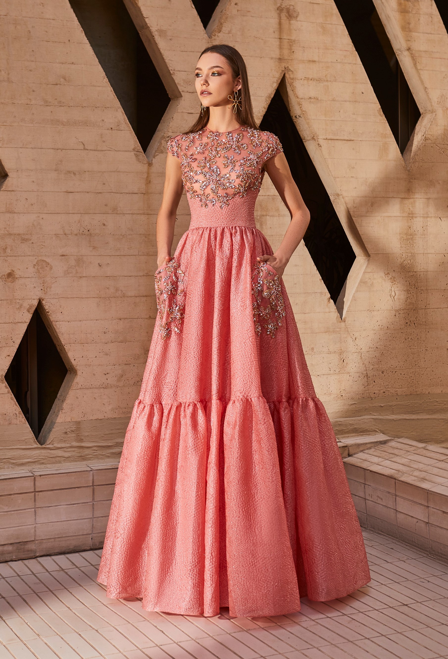 OSTTY - Champagne Ball Gown Tulle Appliques Short Sleeve Wedding Dress With  Train OST0520 $2,299.99