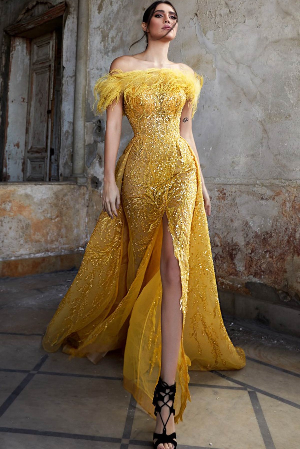 Promfy Luxury Gold Embroidery & Ostrich Feather Ball Gown