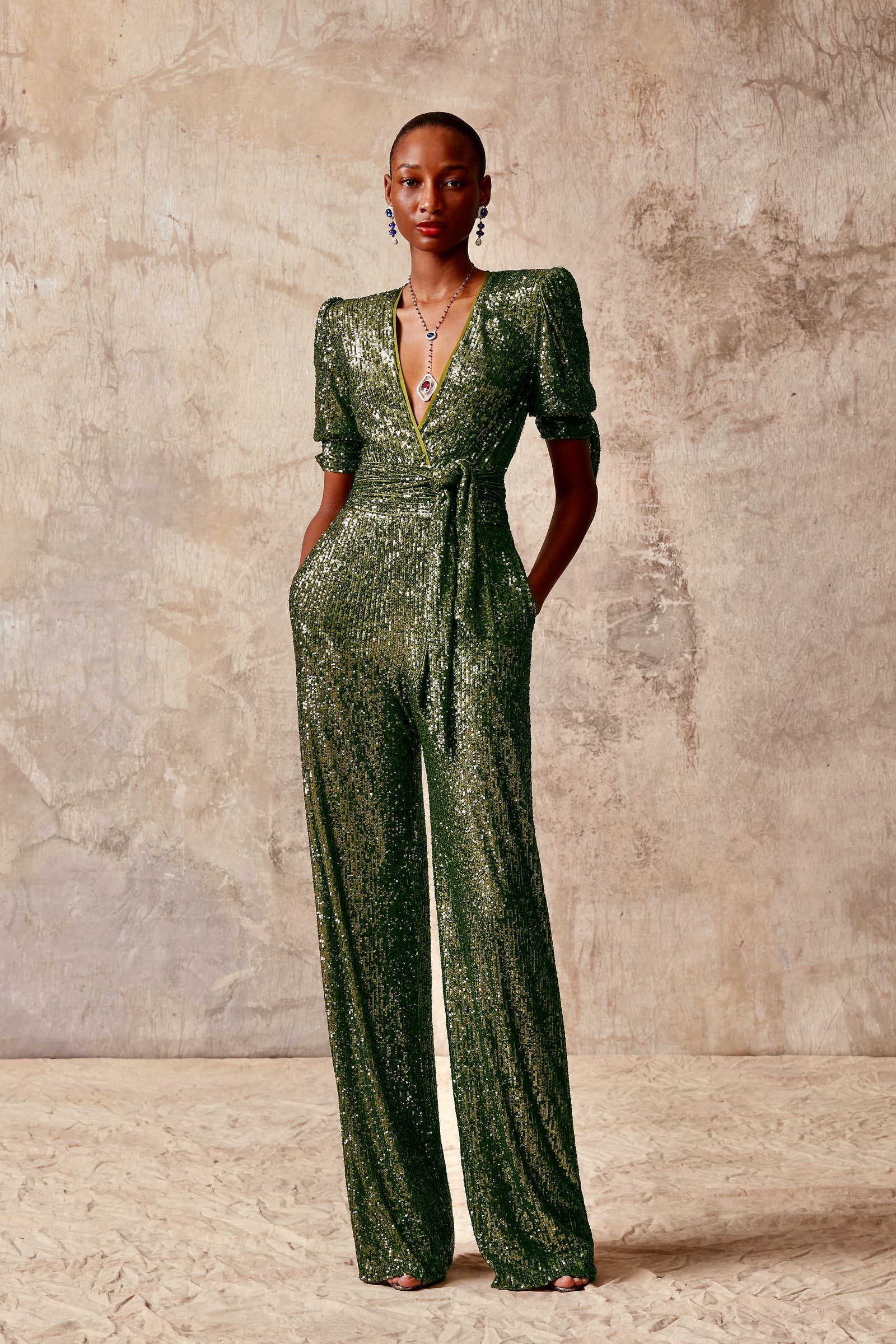 Naeem Khan- Green Sequin Jumpsuit - District 5 Boutique