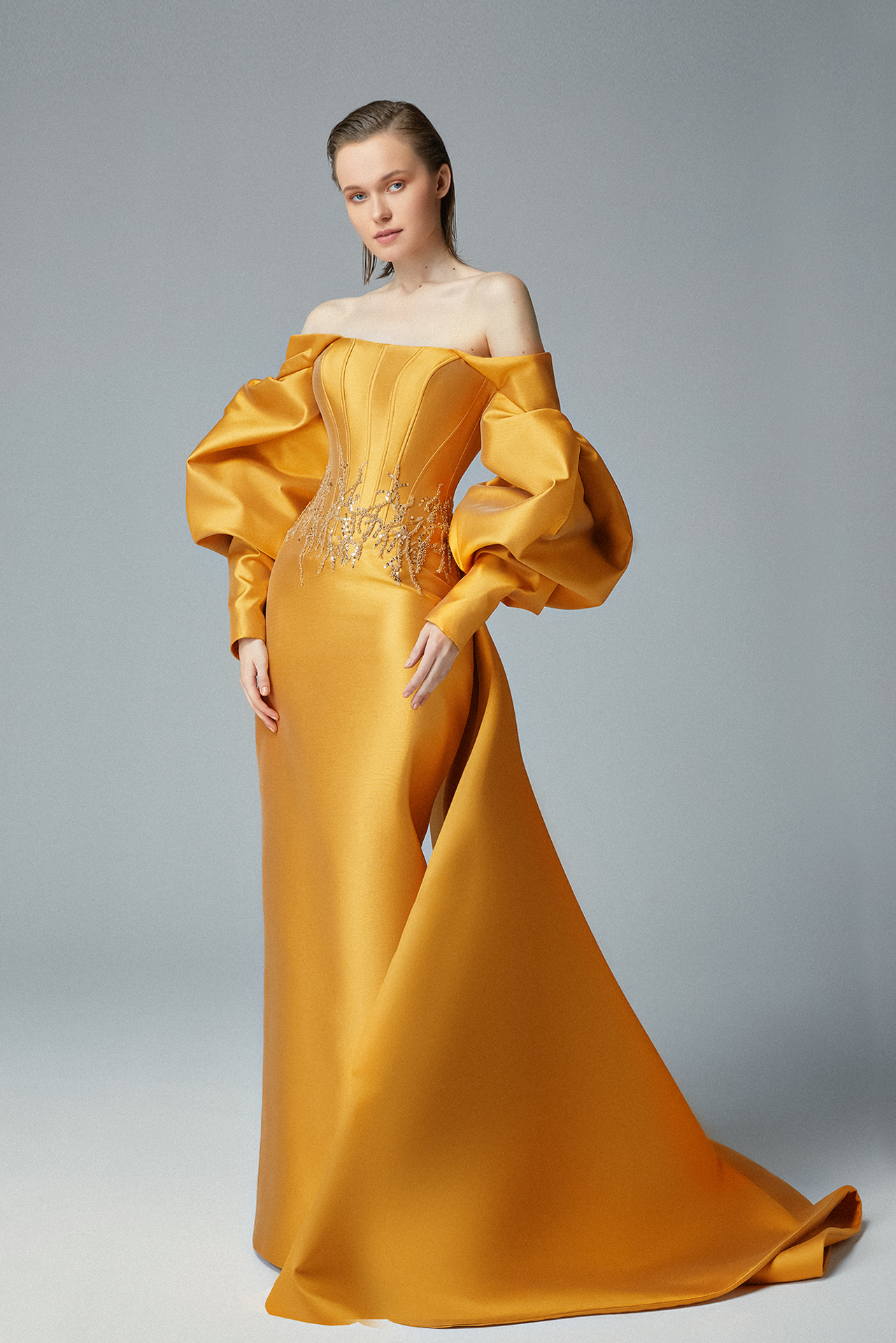 Strapless Balloon Sleeve Gown