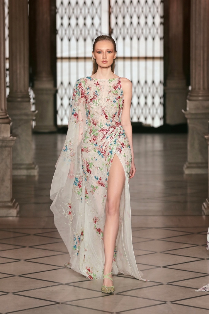 Tony Ward Multicolored Embroidered Slit Gown - District 5 Boutique