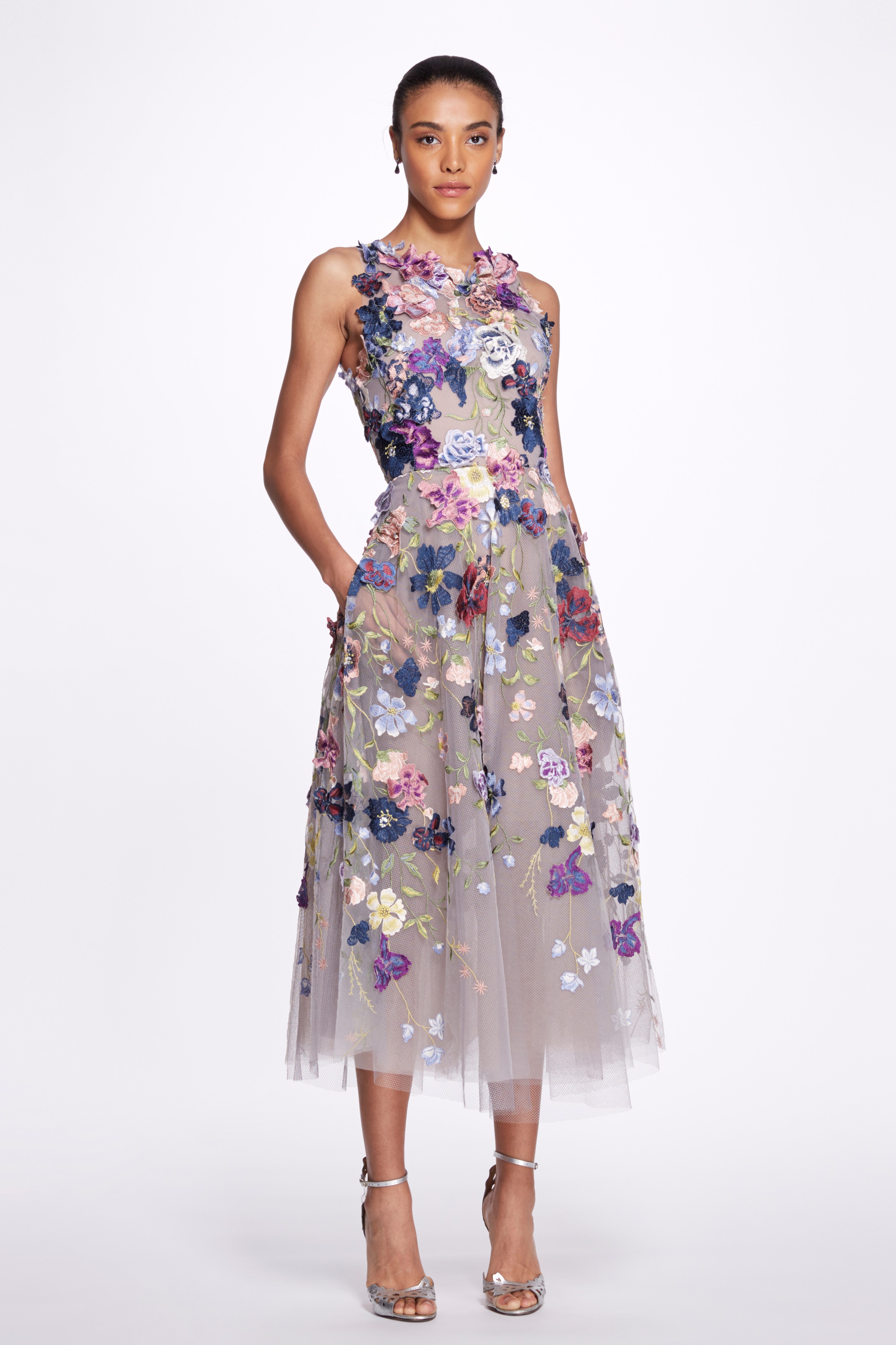 Marchesa Couture Floral Embroidered A-Line Midi Dress - District 5 Boutique