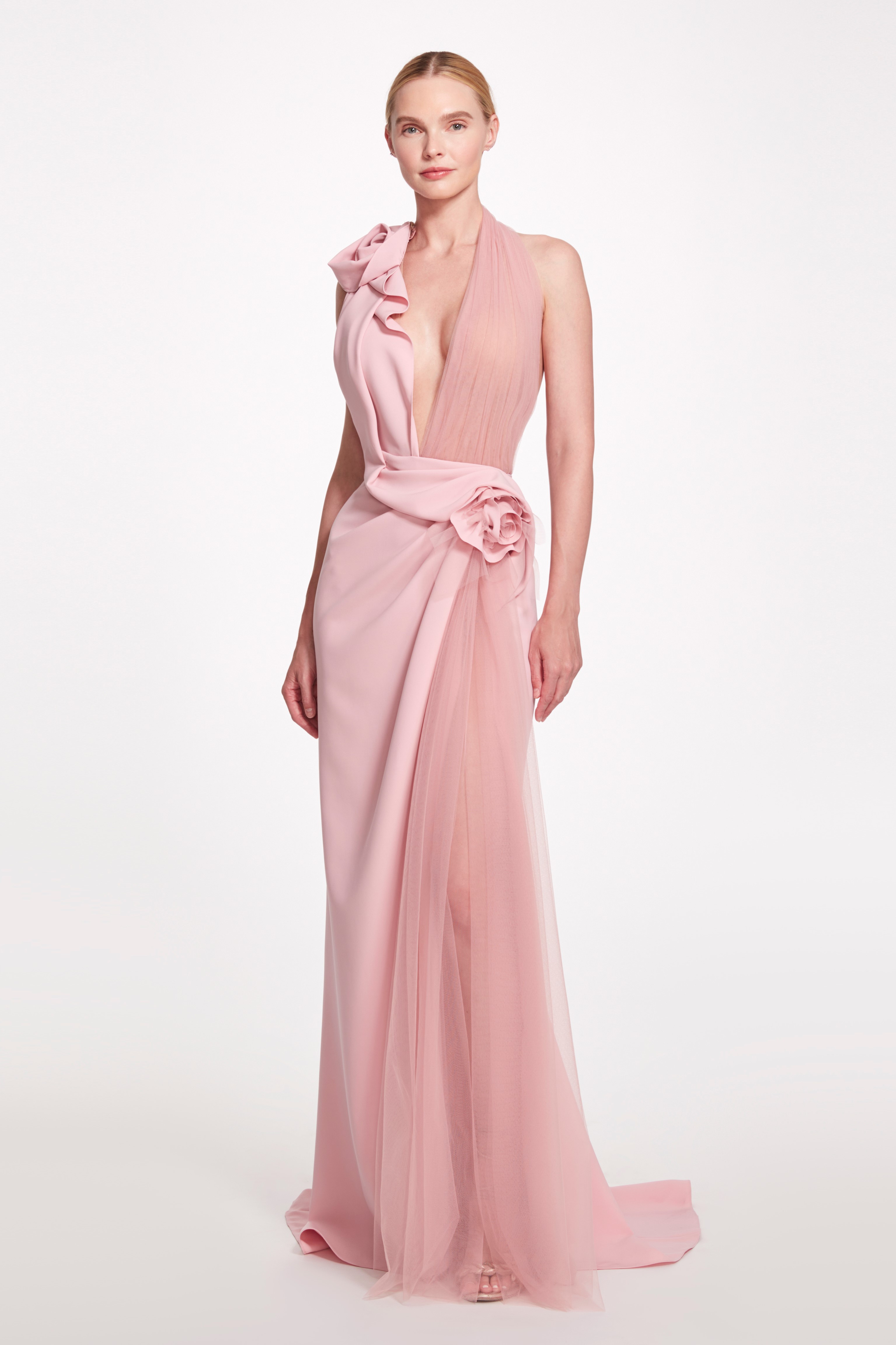 Marchesa Couture Halter Stretch Crepe and Tulle Gown - District 5