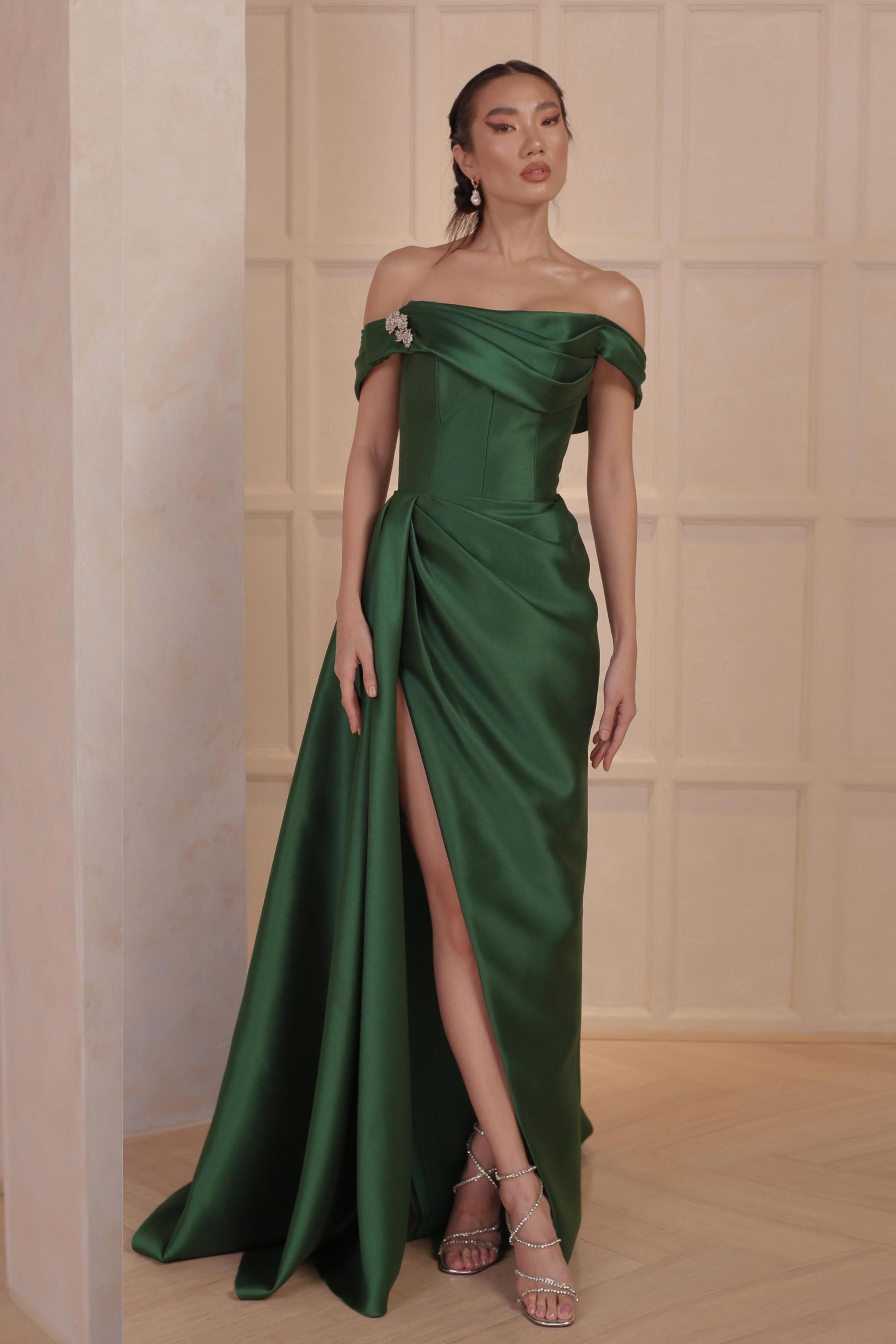Off Shoulder Drape Gown with Train
