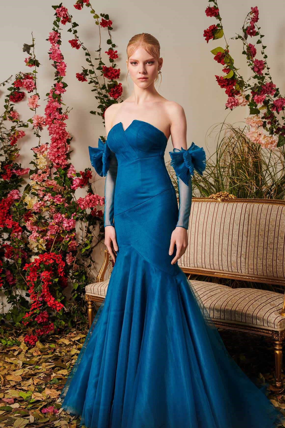 Blue V-neck Sequin Over Velvet Fit-and-Flare Formal Gown - Promfy