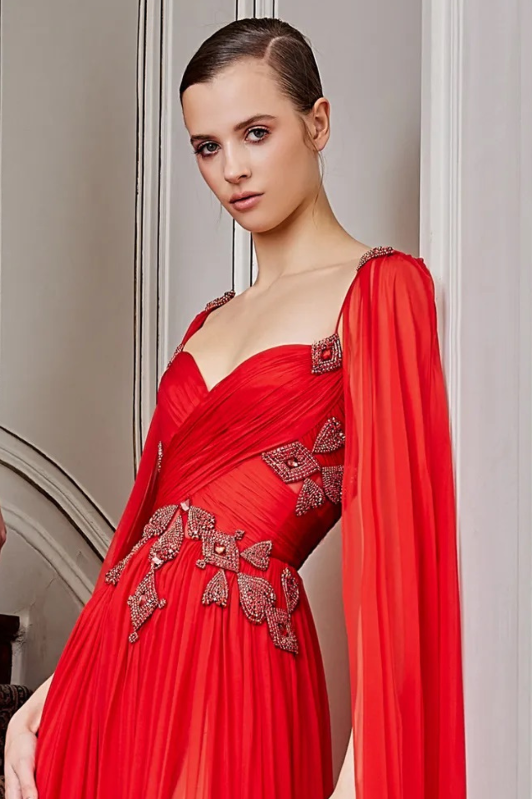 Zuhair Murad Beaded Chiffon Gown with Cape Sleeves - District 5