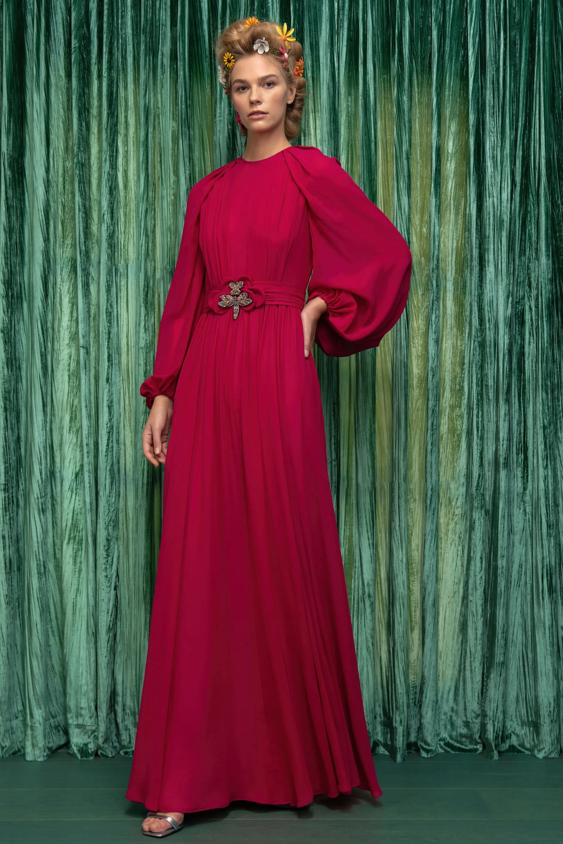 Reem Acra Blouson Sleeve Chiffon Gown - District 5 Boutique