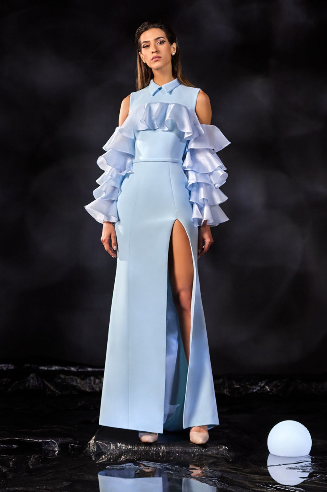 Abdo Aoude Couture Crepe Gown with Ruffled Organza Sleeves